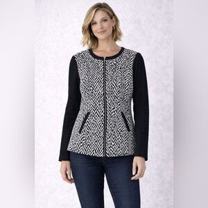 Talbots‎ Jacket Women’s 14W Black White Textured Zip Front Knit Pocket Blazer